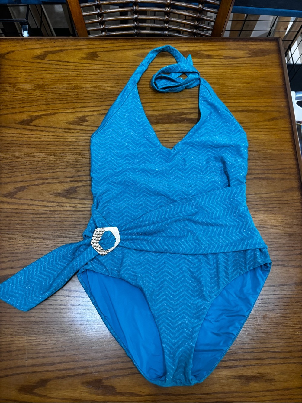 Trina Turk Turquoise Halter One-Piece with Belt Accent